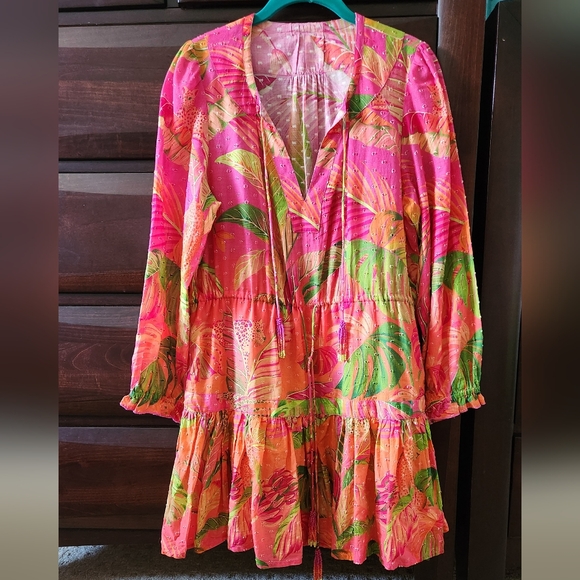 FARM Rio Dresses & Skirts - Farm RIO Orange Ombre Forest Tropical Floral Cotton Beaded Dress Small